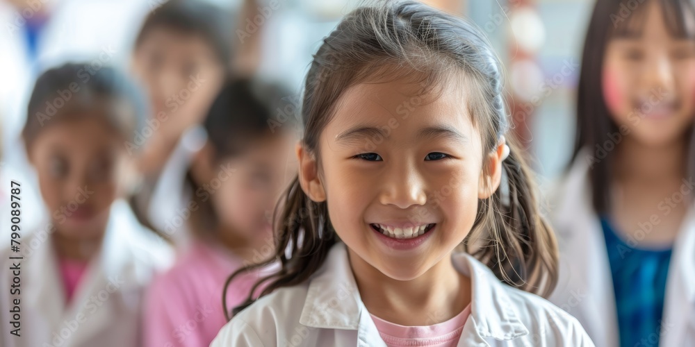 Photo of girl and child in chemical lab with smiling and lab coat. Joyful face, student, and child in classroom, workshop, or educational academy Photo of girl and child in chemical lab with smiling and lab coat. Joyful face, student, and child in classroom, workshop, or educational academy