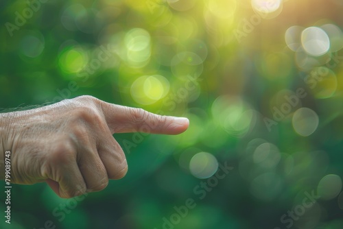 Pointing with index finger in nature, outdoors, or park. For gesture, signal, sign language, counting fingers, emoji, math, or timer, bokeh and hands point up.