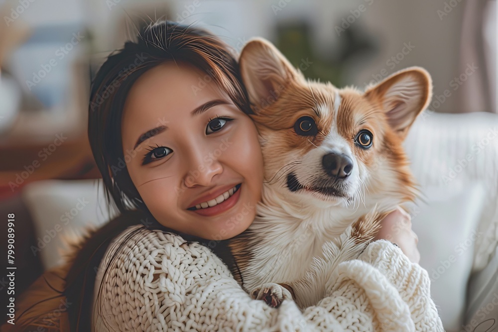 Warm Minimalism: Asian Girl and Corgi in Sunlit Living Room Warm Minimalism: Asian Girl and Corgi in Sunlit Living Room