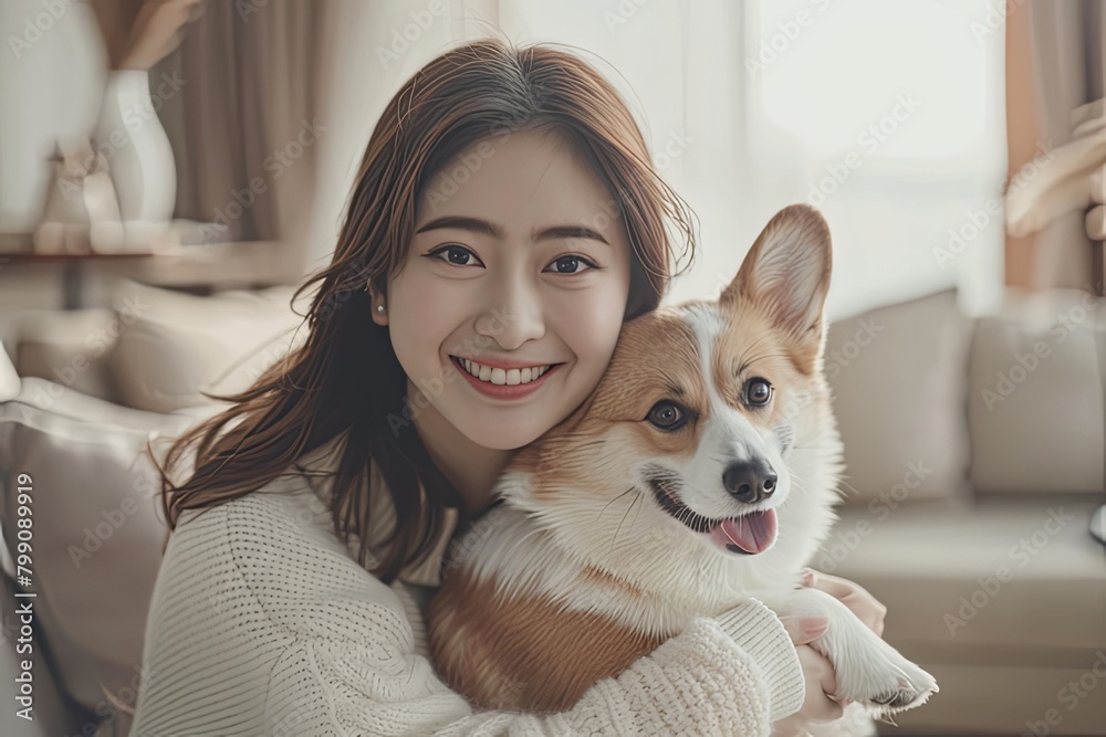Warm Minimalism: Asian Girl and Corgi in Sunlit Living Room Warm Minimalism: Asian Girl and Corgi in Sunlit Living Room