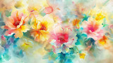 Watercolor painting,Flower Colors of July A bright mix of , pinks, yellows, light blues, pastels   With light green leaves.