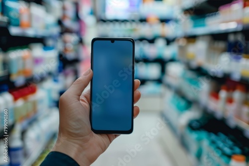 Pharmacist hand, payment machine screen and closeup for credit card, mockup space or pov in store for healthcare. Med sales, shopping, or digital commerce desk person, pos tech, and promotion