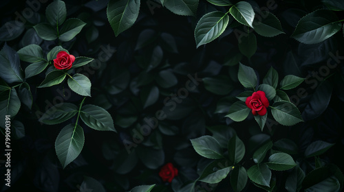 Dark botanical background with vibrant red roses.  Generative AI