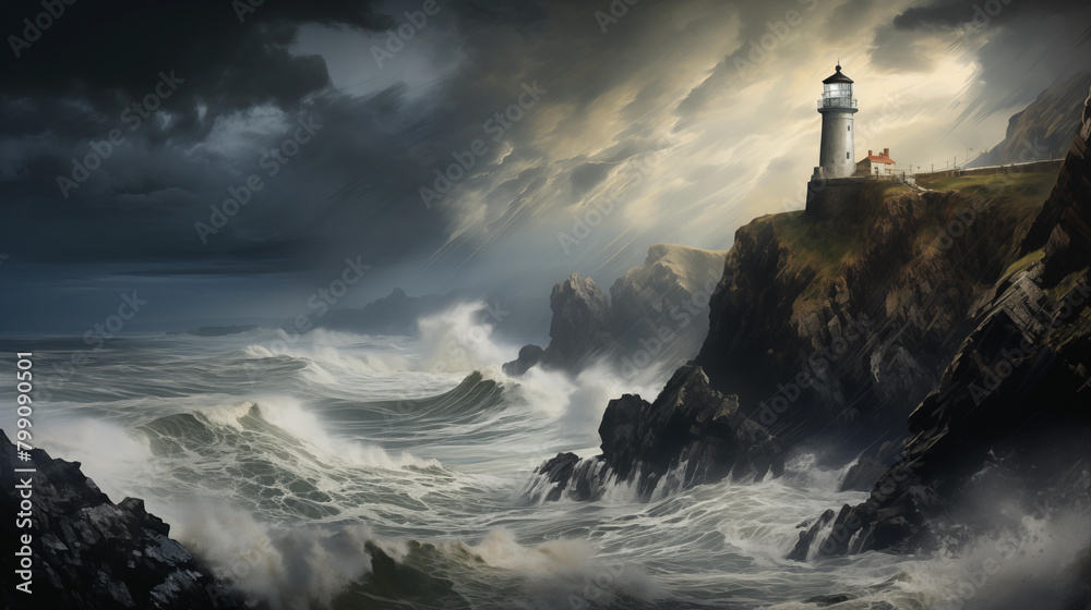 Stormy ocean with rock cliffs and light house