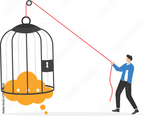 Speech bubble locked in cage-Freedom of thought concept
