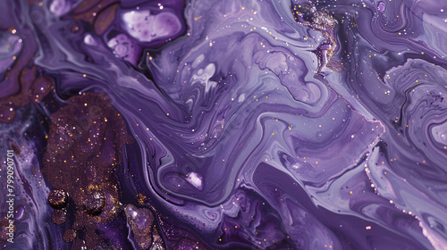 Twilight violet marble ink dancing amidst a somber abstract canvas, illuminated by subdued glitters.