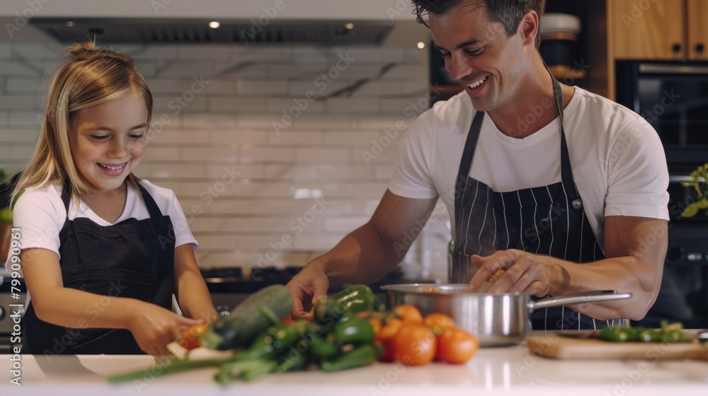 Learning, parents or girl cutting veggies in a joyful kitchen with organic meal. A healthy child learning to slice tomatoes from a parent