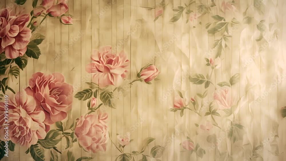 A floral wallpaper with pink roses and green leaves. The wallpaper has ...