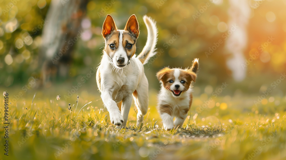 Two joyful puppies playing in a sunlit meadow. Banner. Generative AI