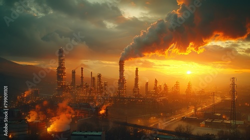 oil refinery at sunset