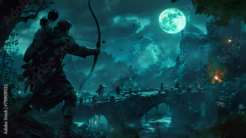 Robin Hood stands poised for a moonlit duel on a Sherwood bridge, arrow nocked and aimed at an encroaching adversary in a dramatic standoff photo