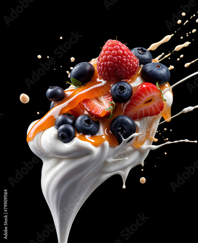Close-up of milk splashes with berries and caramel on a black background