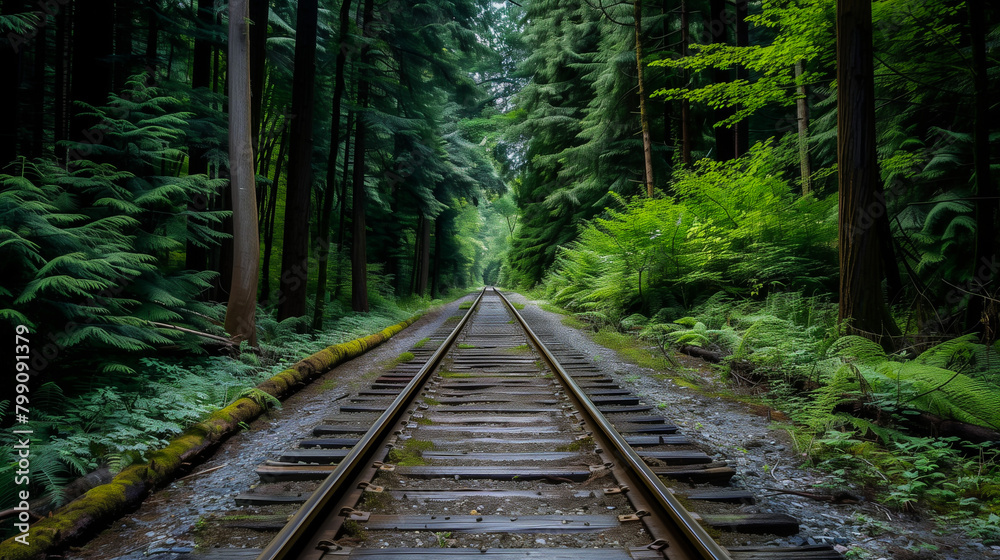 Misty railway tracks through a dense green forest. Generative AI Misty railway tracks through a dense green forest. Generative AI