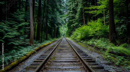 Misty railway tracks through a dense green forest. Generative AI