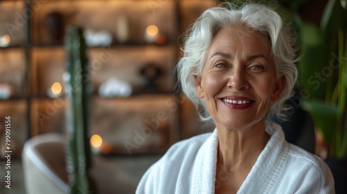 Happy, picture, and senior woman at spa for wellbeing and anti-aging treatments. Calm, beautiful senior woman in retirement resort for wrinkles face regimen at natural salon.
