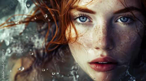 Close-up portrait of a young woman with vibrant blue eyes and wet auburn hair submerged in water. Generative AI