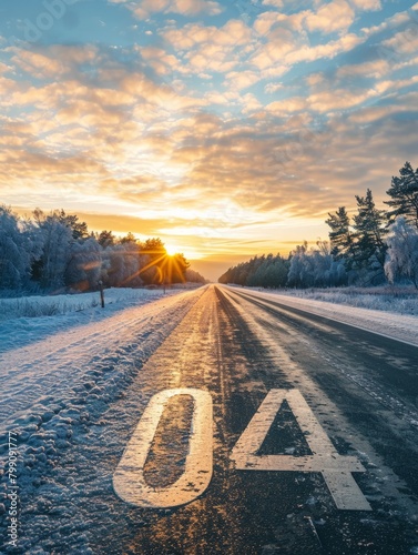 driving on the road to success - 2024 year number on the highway, sunrise in the new year 