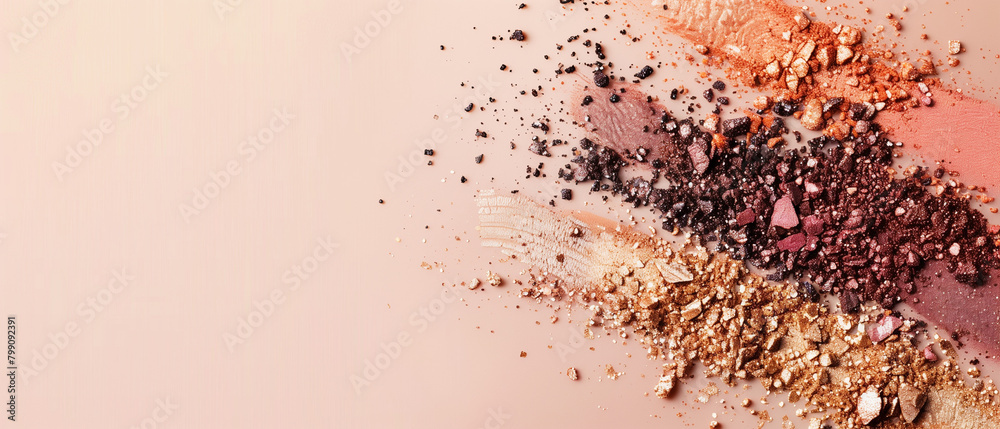 Crushed makeup palette with scattered eyeshadow and blush powder on a beige background. Banner. Generative AI Crushed makeup palette with scattered eyeshadow and blush powder on a beige background. Banner. Generative AI