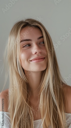 Blonde, healthy, and shine for wellbeing, mild or loud on grey studio background. Portrait of woman and girl with clean, keratin, and scalp treatment, smiling or makeup.