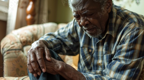 In divorce, breakup, or loss, mature guy touches wedding ring on sofa in home or marriage therapy. Sad, anxiety, or mental health for widower or middle-aged band member