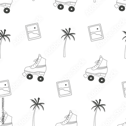 Seamless pattern, roller skates, palm trees and photo card.