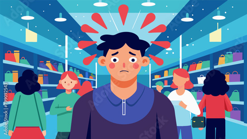 A person with sensory sensitivities feeling overwhelmed and irritable in a crowded shopping mall with bright lights and strong scents.. Vector illustration