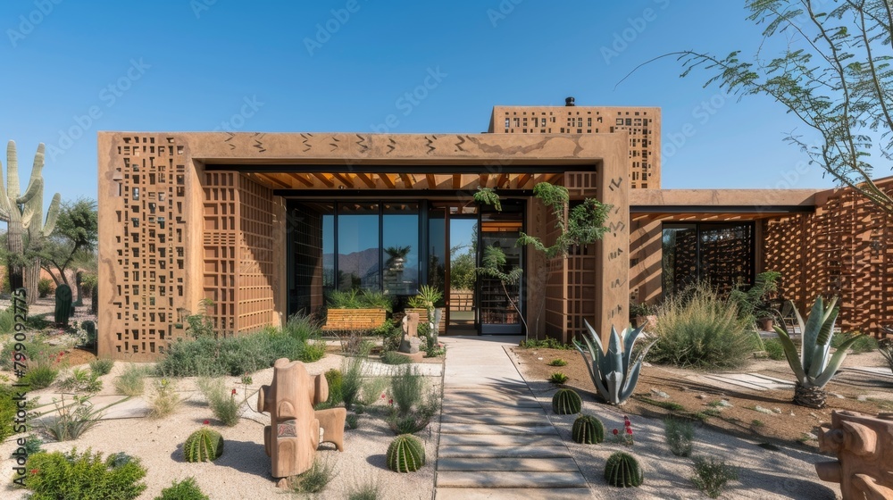 A modern home constructed with clay blocks and adorned with intricate clay sculptures illustrating the blend of old and new in innovative clay building..