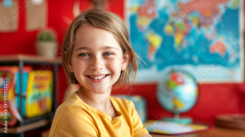 A smiling young girl sits in a room against the backdrop of a world map and globe. Teenage student. The process of learning and education. Studying Geography