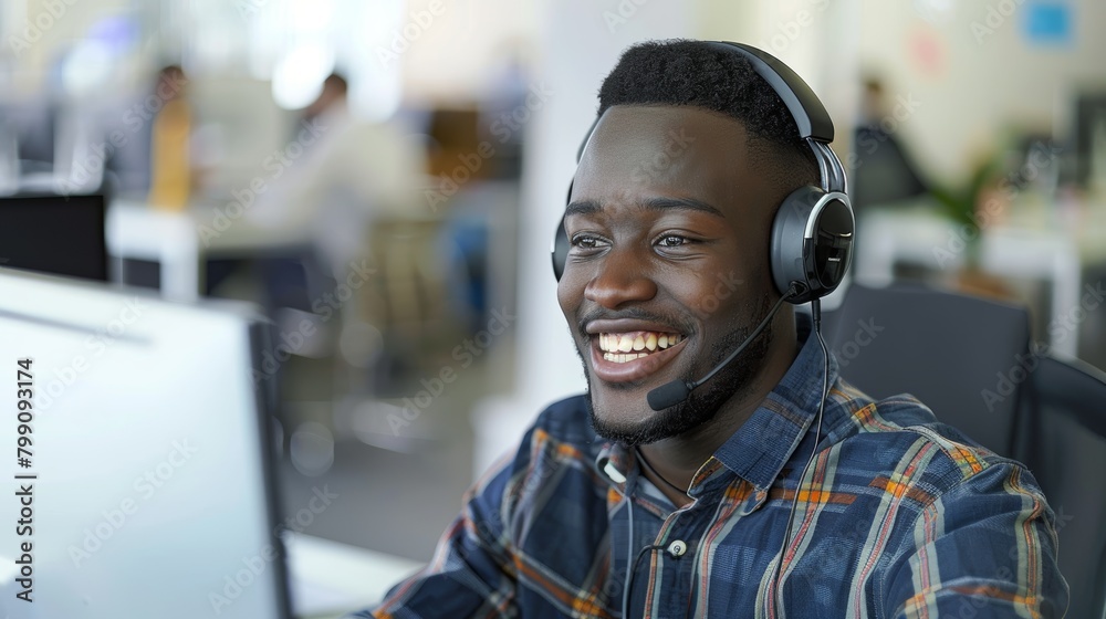 Call center, headset, or cheerful telecom customer care man on microphone. Smile, crm office or happy sales agent consulting, speaking or talking in technical support help desk Call center, headset, or cheerful telecom customer care man on microphone. Smile, crm office or happy sales agent consulting, speaking or talking in technical support help desk