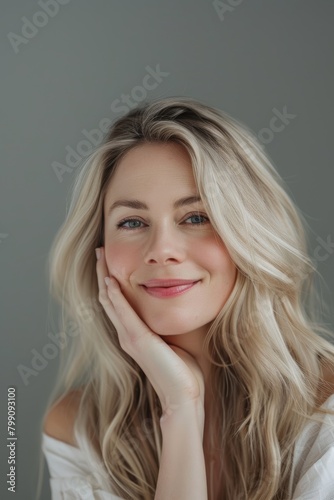 Female cosmetics and hair care with grin, relax, and treatment on grey studio background. Female, girl and clean scalp for stylish hair, casual or glow for smooth, shine or grooming for soft or happy