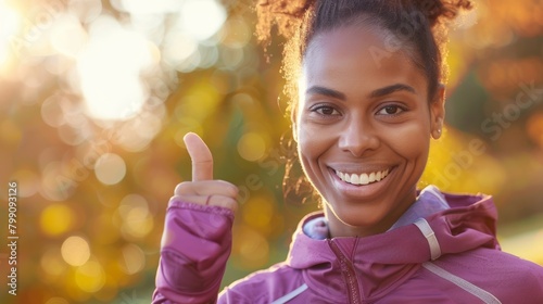 Portrait  thumbs up  black woman outdoors training for fitness  power  and wellness. Young Nigerian athletic and healthy girl with hand signal for success  objectives  or workout