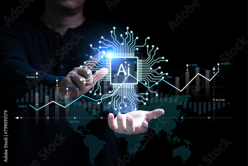 AI,Businessman holding the AI icon, global digital screen, digital layer effect, business strategy analytic concept, Big data, Cloud computing, Security computer network,data-driven organization.AI,