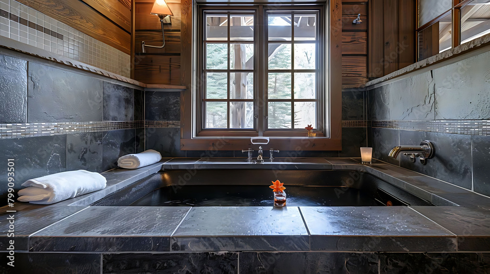luxury spa bathroom with steel soaking tub, silver faucet, and white towel, featuring a window and luxury spa bathroom with steel soaking tub, silver faucet, and white towel, featuring a window and