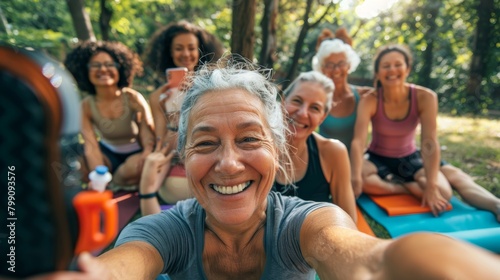 Selfie, fitness, seniors in park, workout, social media, healthcare, retirement group. Diversity women or pals in profile picture and outdoor training gear and happy yoga class photo