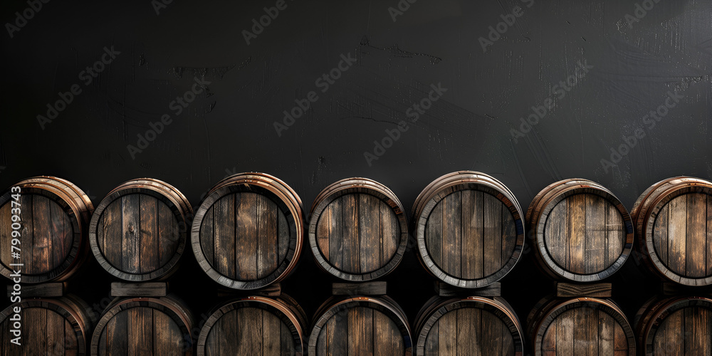 Wine barrels stack on wooden floor black background 