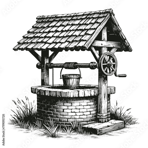 traditional water well vintage sketch