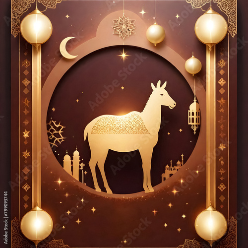 a picture of a sheep with islamic ornaments, stars, and lanterns on brown background photo