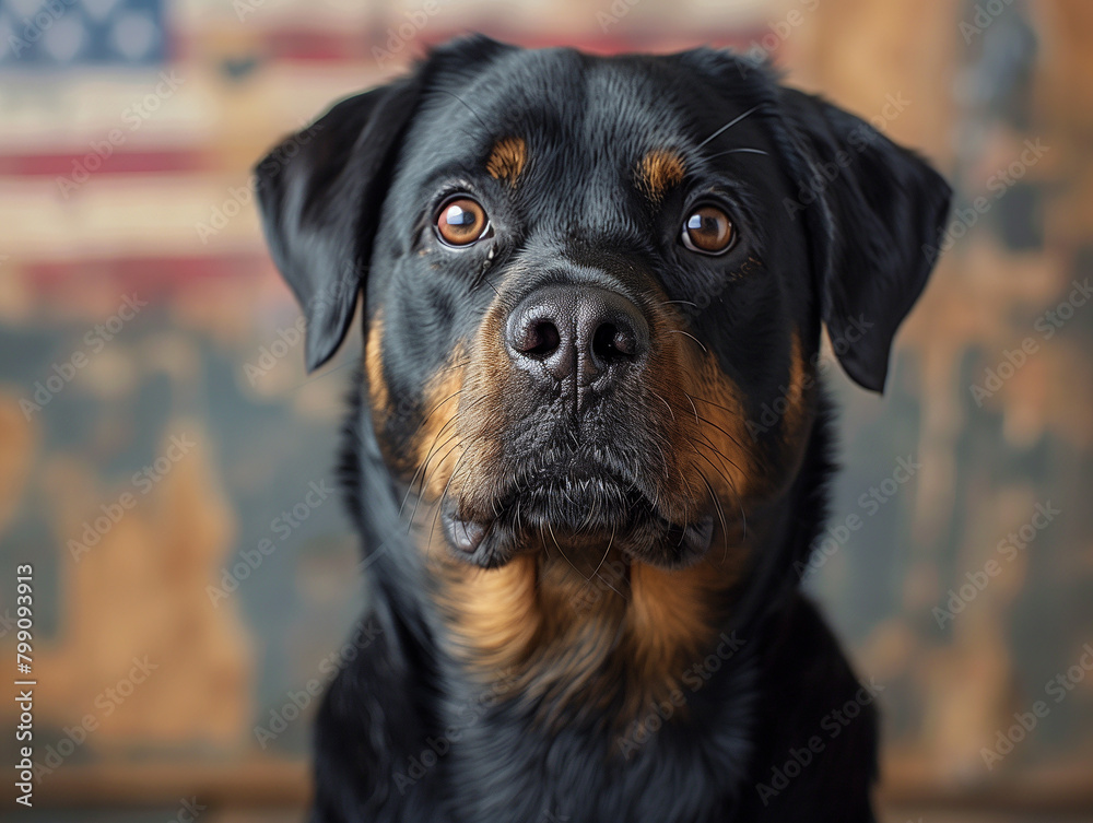 Rottweiler dog and the blurred USA flag on the background. Generative AI