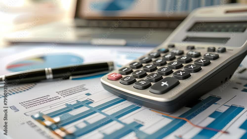 A calculator sits on top of a stack of papers with graphs and numbers. The calculator is silver and black, and it is surrounded by a pen and a ruler. Concept of organization and focus A calculator sits on top of a stack of papers with graphs and numbers. The calculator is silver and black, and it is surrounded by a pen and a ruler. Concept of organization and focus