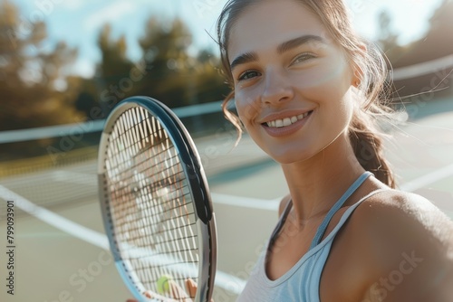 Sporty woman takes tennis selfie on court, joyful and ready to play. Smile with tennis racket, active lifestyle, healthy and workout portrait. © LukaszDesign