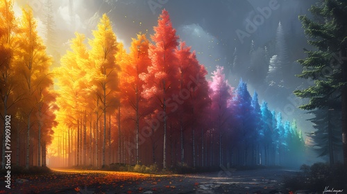 the awe-inspiring beauty of a fairy tale forest  where a row of colorful trees creates a stunning display of the autumn rainbow spectrum