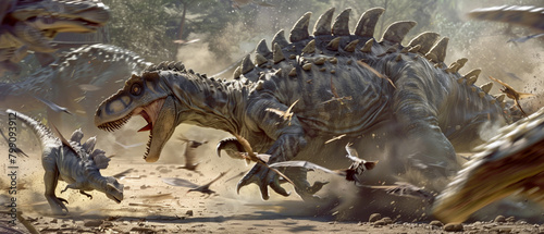 battle between a pack of velociraptors and a formidable ankylosaurus, with the agile raptors darting around the armored behemoth, trying to find a weak spot in its defenses