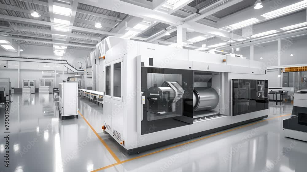 A large white machine with a black door sits in a large white room A large white machine with a black door sits in a large white room