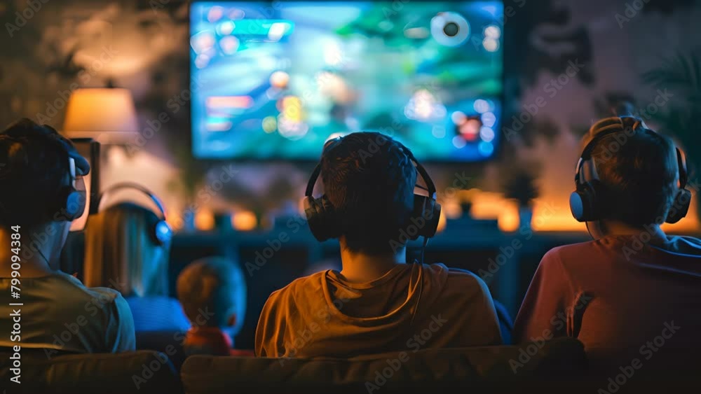 A group of people are sitting on a couch and watching a video game on a television. Scene is relaxed and fun, as the group of people are enjoying their time together while playing the game A group of people are sitting on a couch and watching a video game on a television. Scene is relaxed and fun, as the group of people are enjoying their time together while playing the game