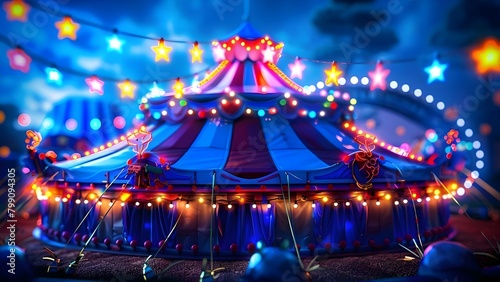 Vibrant circus tent with colorful lights creating cozy and exciting atmosphere. Concept Circus-themed event, Colorful lighting, Cozy ambiance