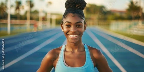 Portrait of black woman and athlete smiling, outdoors, healthy, exercising, and cheerful on track. African American female runner and fitness enthusiast.