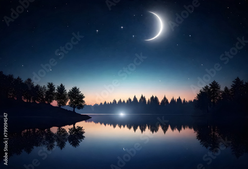 a crescent moon shining and a tree are reflected in the water on night background