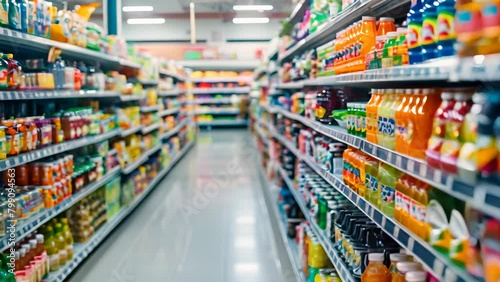 A store aisle with many different types of drinks on the shelves. The store is brightly lit and the drinks are arranged in rows photo