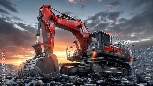 Futuristic Mining Technology: Electric Excavator in Openpit Quarry at Sunset. Concept Futuristic Mining Technology, Electric Excavator, Openpit Quarry, Sunset, Quarry Operations