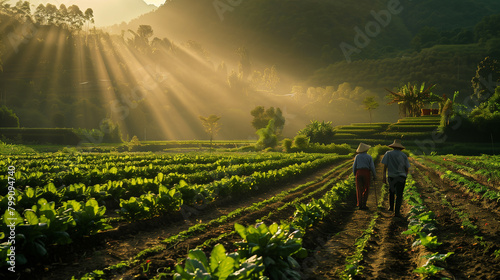 Two farmers man and woman are walking along field, . Organic farming and family business concept.Generative AI photo